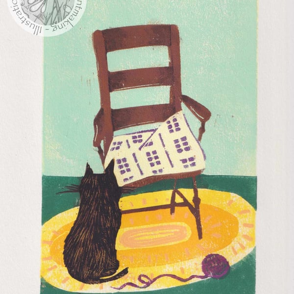 Linocut of cat with chair - limited edition