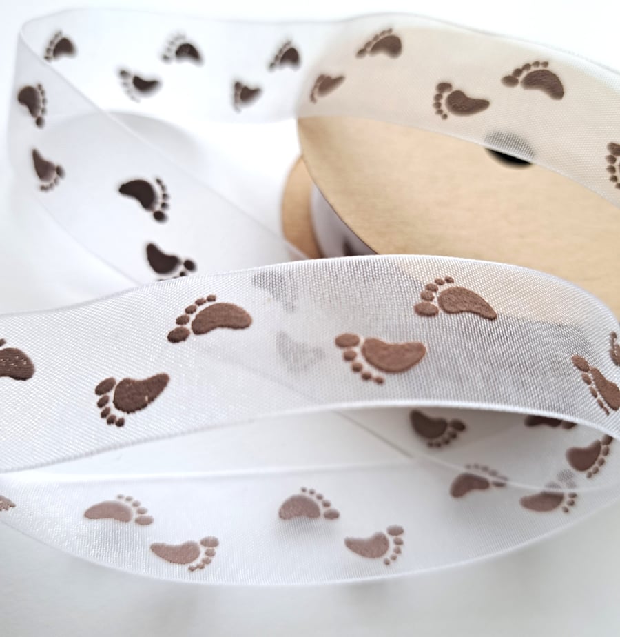 White and brown footprint new baby organza ribbon, 3 metres, 22mm wide