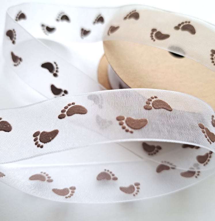 White and brown footprint new baby organza ribbon, 3 metres, 22mm wide