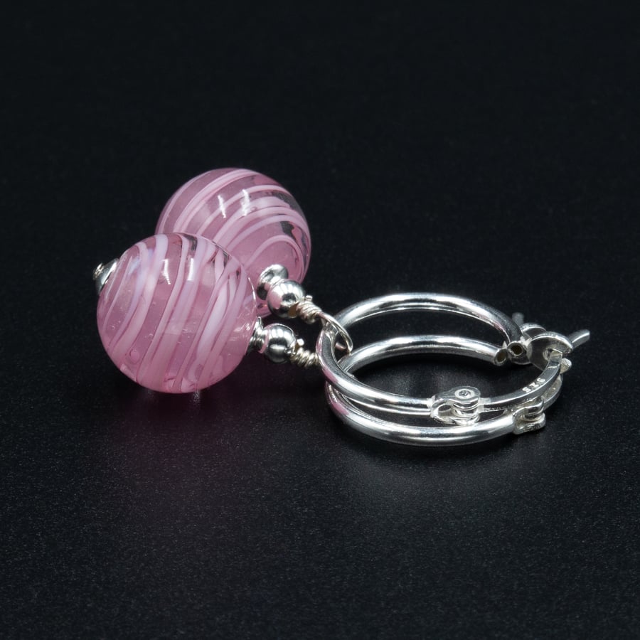Murano pink sterling silver and Venetian glass hoop drop earrings