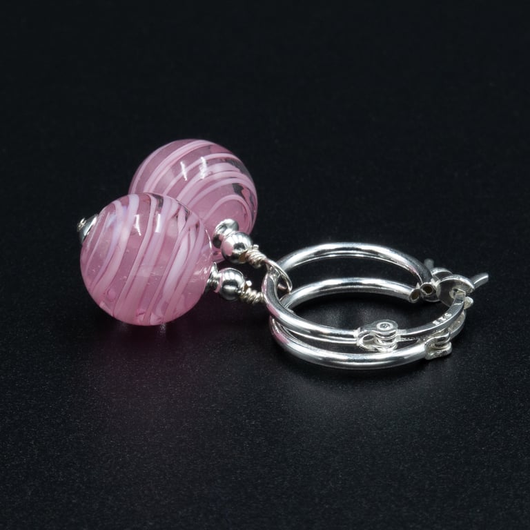 Murano pink sterling silver and Venetian glass hoop drop earrings
