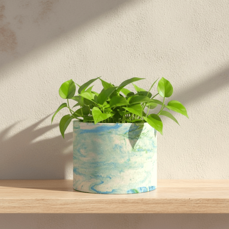 15 cm Round Blue and Green Marbled Indoor Plant Pot Planter Gift