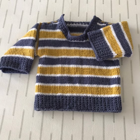 Blue, yellow and white striped jumper