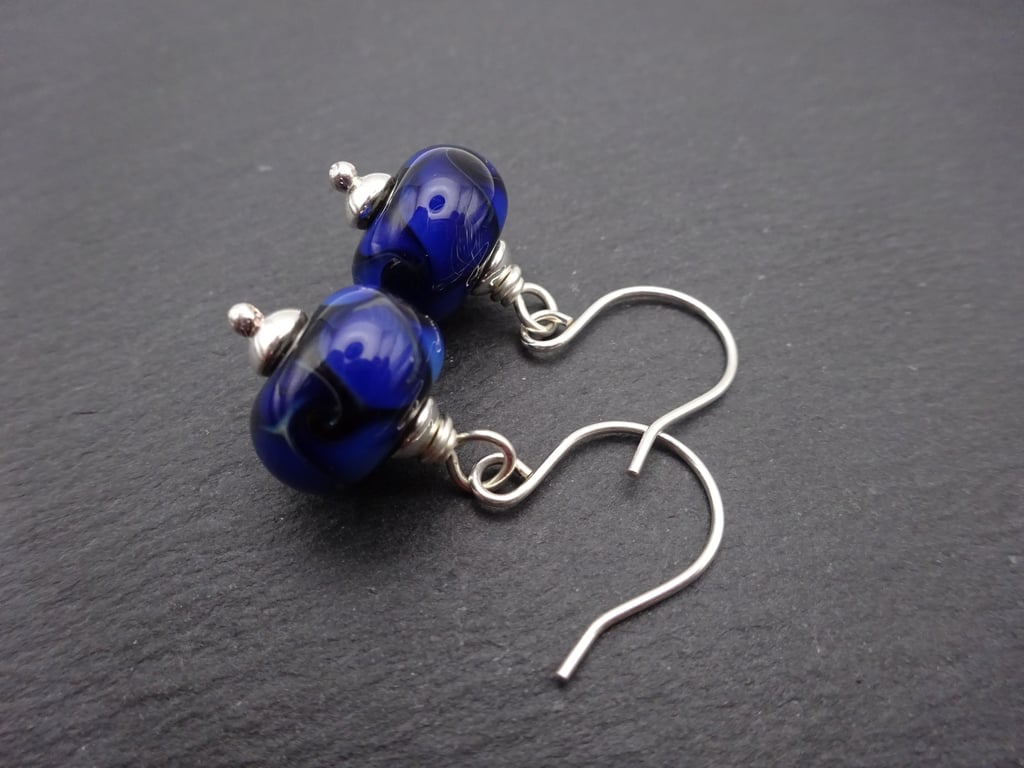black and blue swirl lampwork glass earrings, sterling silver jewellery