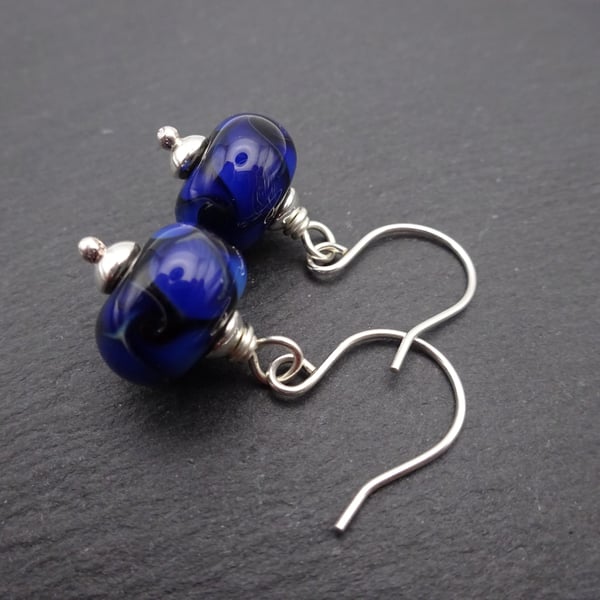black and blue swirl lampwork glass earrings, sterling silver jewellery