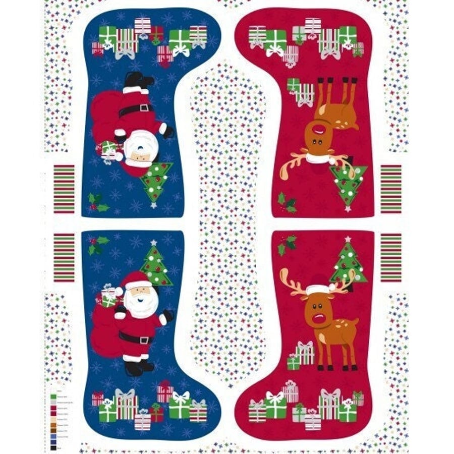 Christmas Stocking Santa And Reindeer 100% Cotton Fabric