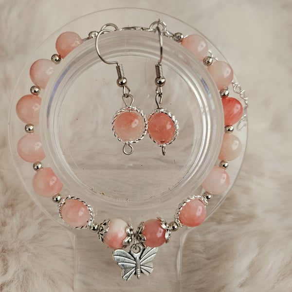 Elegant Handmade Pink and Peach Jade Bracelet with matching Earrings 
