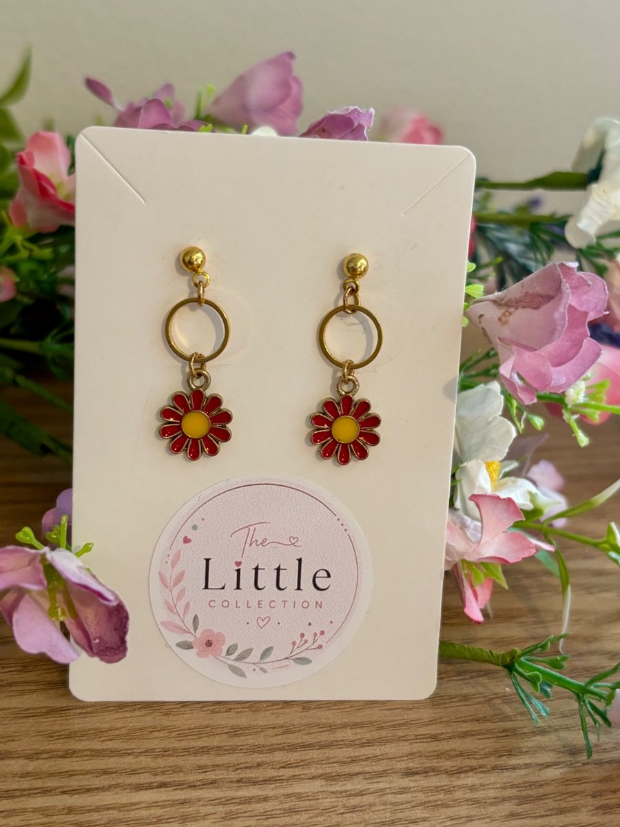 Image of Red Flower Dangle Earrings, Enamel Floral Charms, Handmade Jewellery