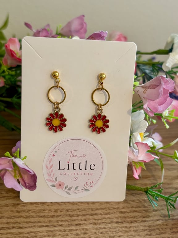 Red Flower Dangle Earrings, Enamel Floral Charms, Handmade Jewellery