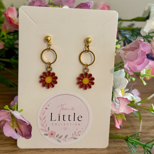 Red Flower Dangle Earrings, Enamel Floral Charms, Handmade Jewellery