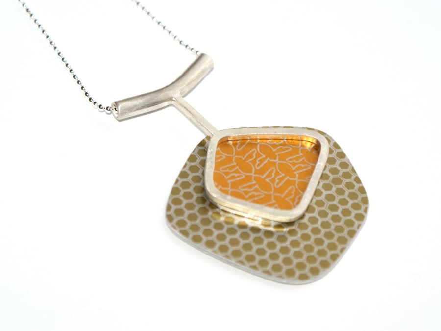 Bees and honeycomb abstract pendant - gold and silver