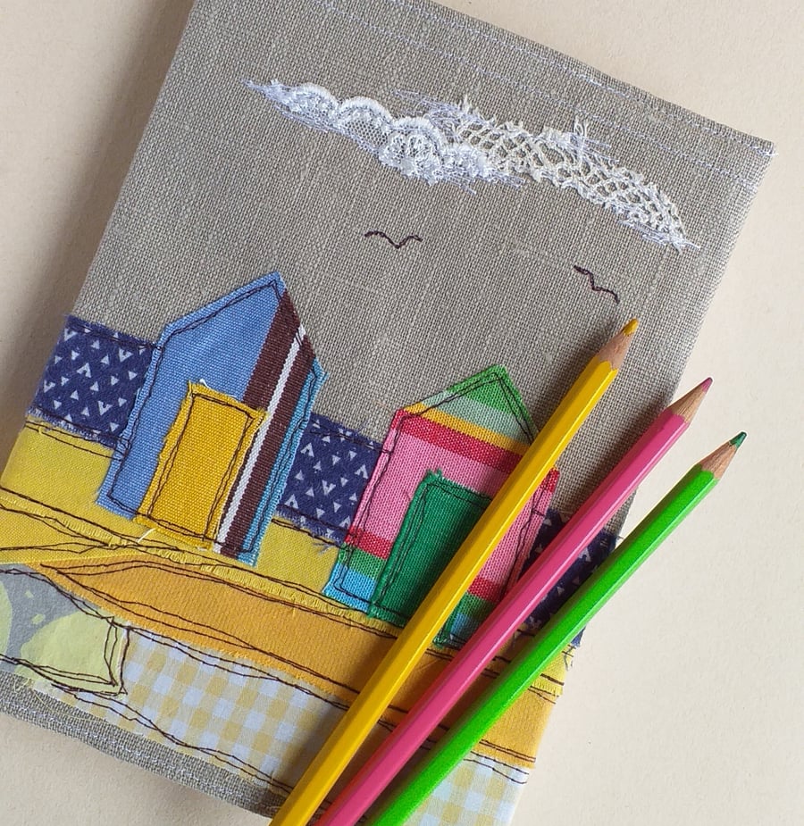 Notebook Cover with Embroidered Beach Huts