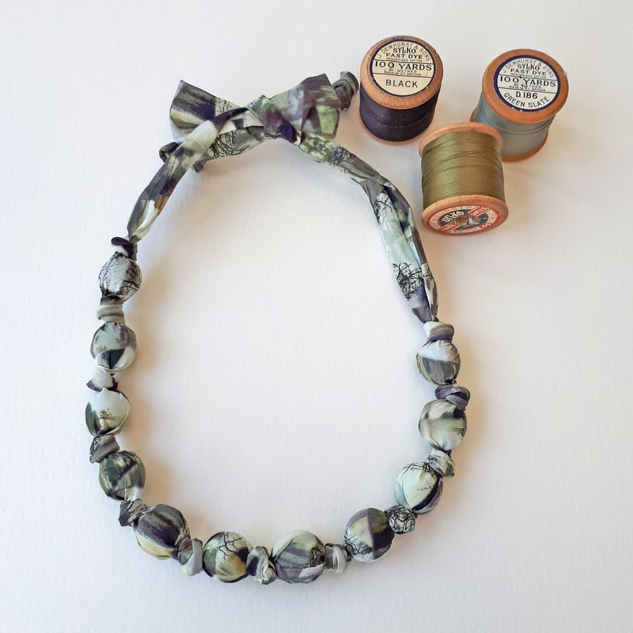 Grey & Khaki Liberty Print Fabric Necklace - Matt Madison Trees & Scenery