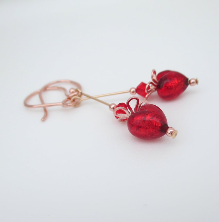 Rose Gold Red Heart Earrings Venetian Murano Glass & Rose Gold plated Ag 