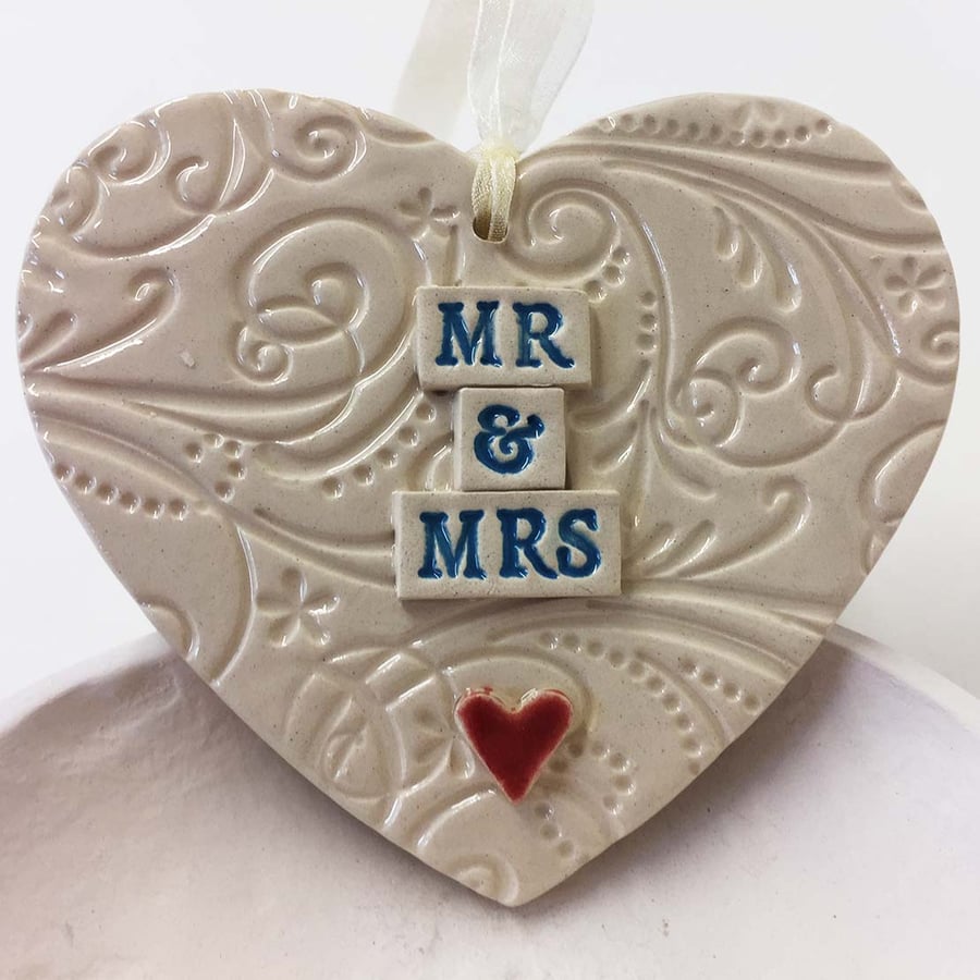 Ceramic Wedding heart decoration Mr and Mrs Bride and Groom Pottery