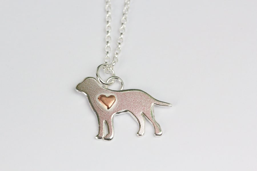 Labrador dog sterling silver necklace with copper heart