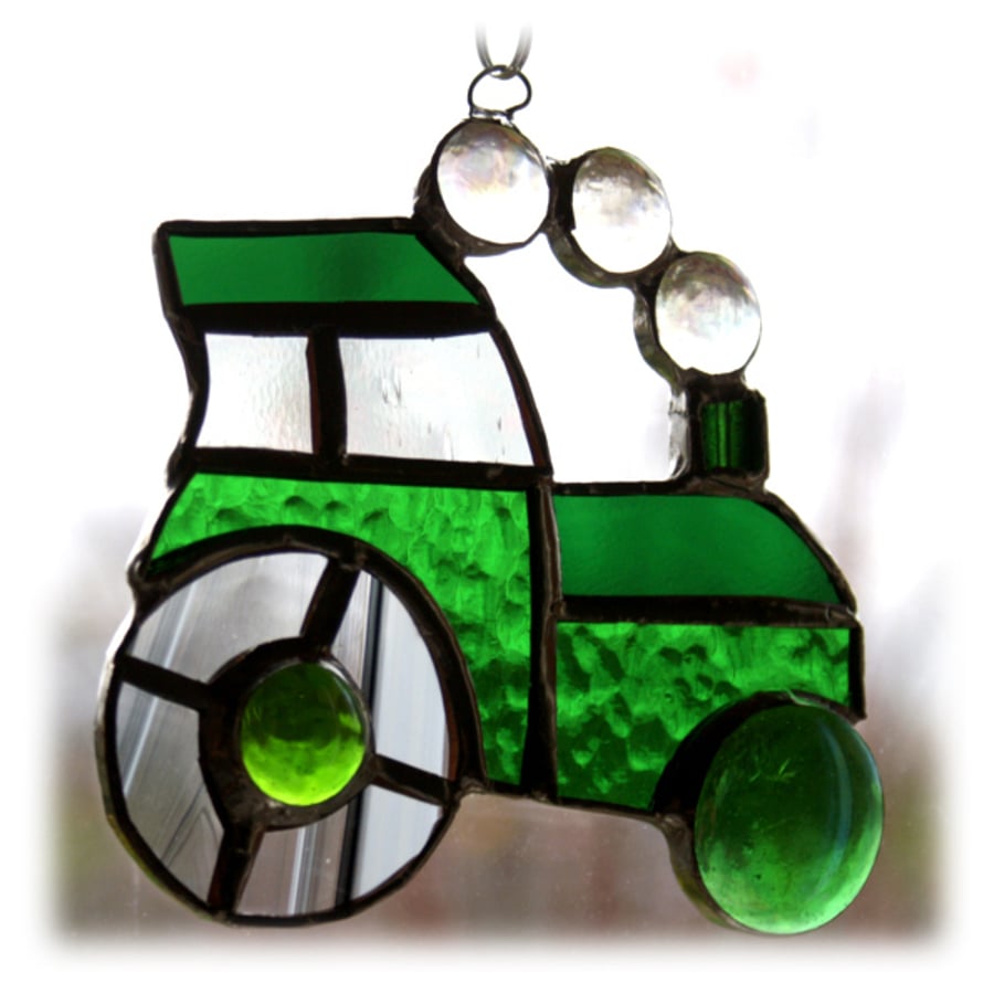 SOLD Tractor Suncatcher Green Stained Glass Handmade Farm