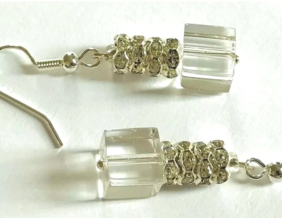Diamante & Clear Glass Cubes Beaded Earrings