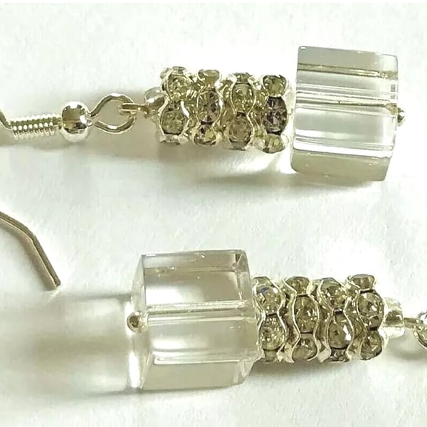 Diamante & Clear Glass Cubes Beaded Earrings