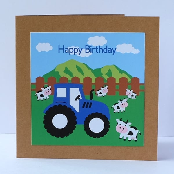 Farm Birthday Card with Blue Tractor 