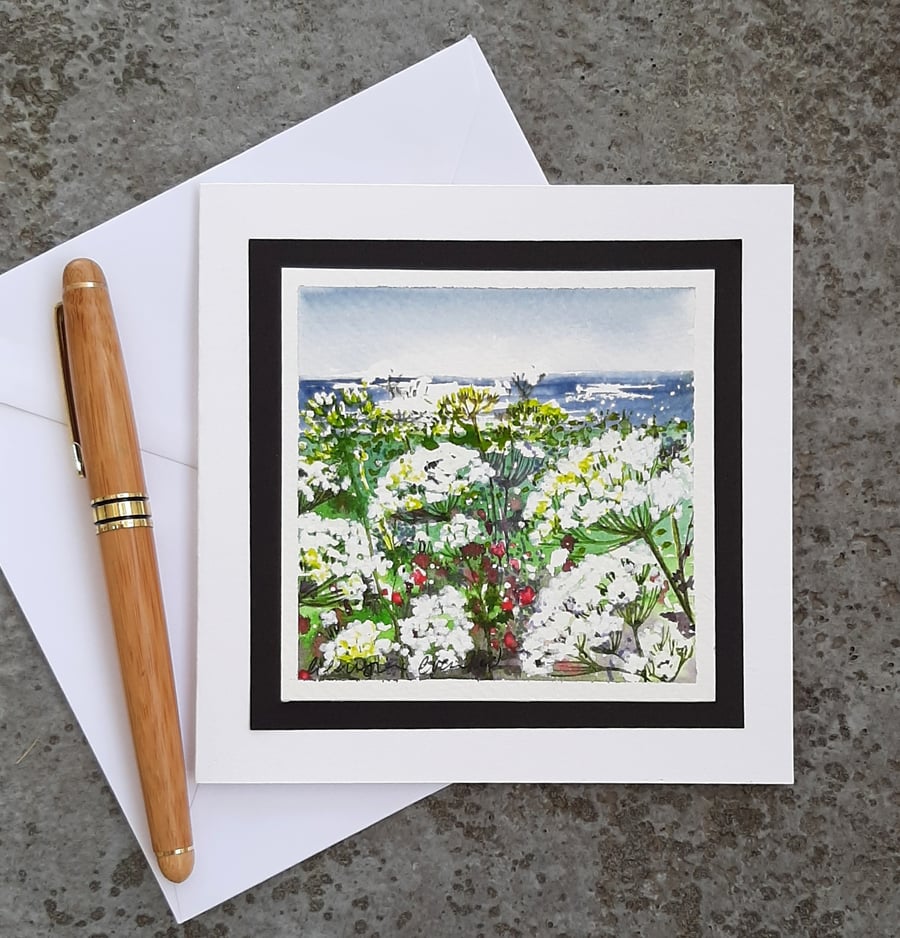 Cow Parsley On The Shore. Blank Greetings Card. Handpainted Notelet, Or Wall Art