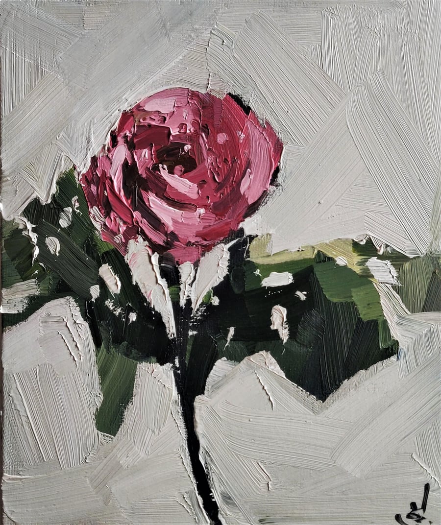 Pink Rose Stem Oil Painting