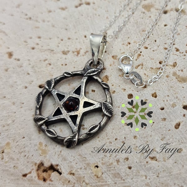 Sterling Silver Pentacle Pendant Surrounded by Leaves with Amber, Necklace.