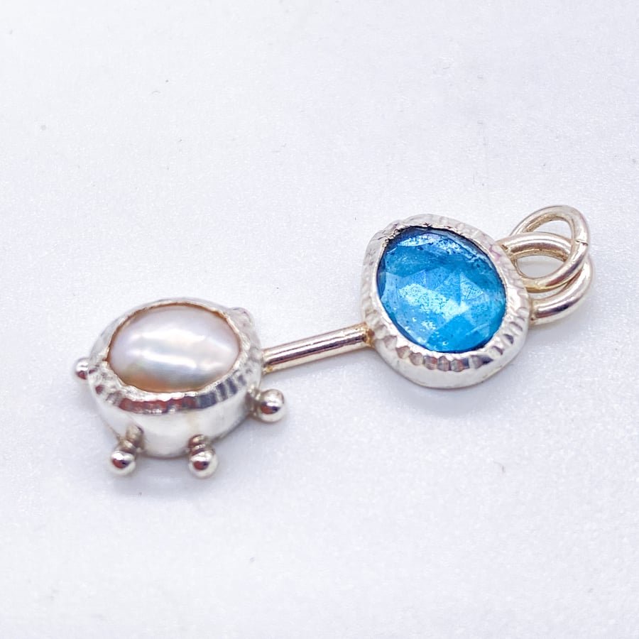 London Blue Topaz and Baroque Pearl Silver Pendant 