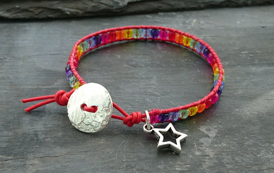 Red leather and rainbow glass bead bracelet with silver button and star charm