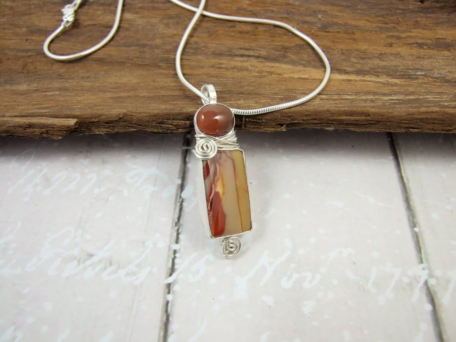 Mookaite and Jasper Necklace, Sterling Silver with Bezel Set Gemstones