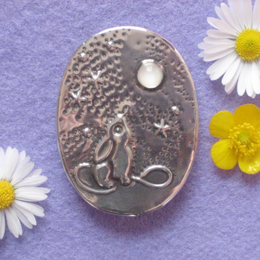 Moongazing hare moonstone brooch in pewter