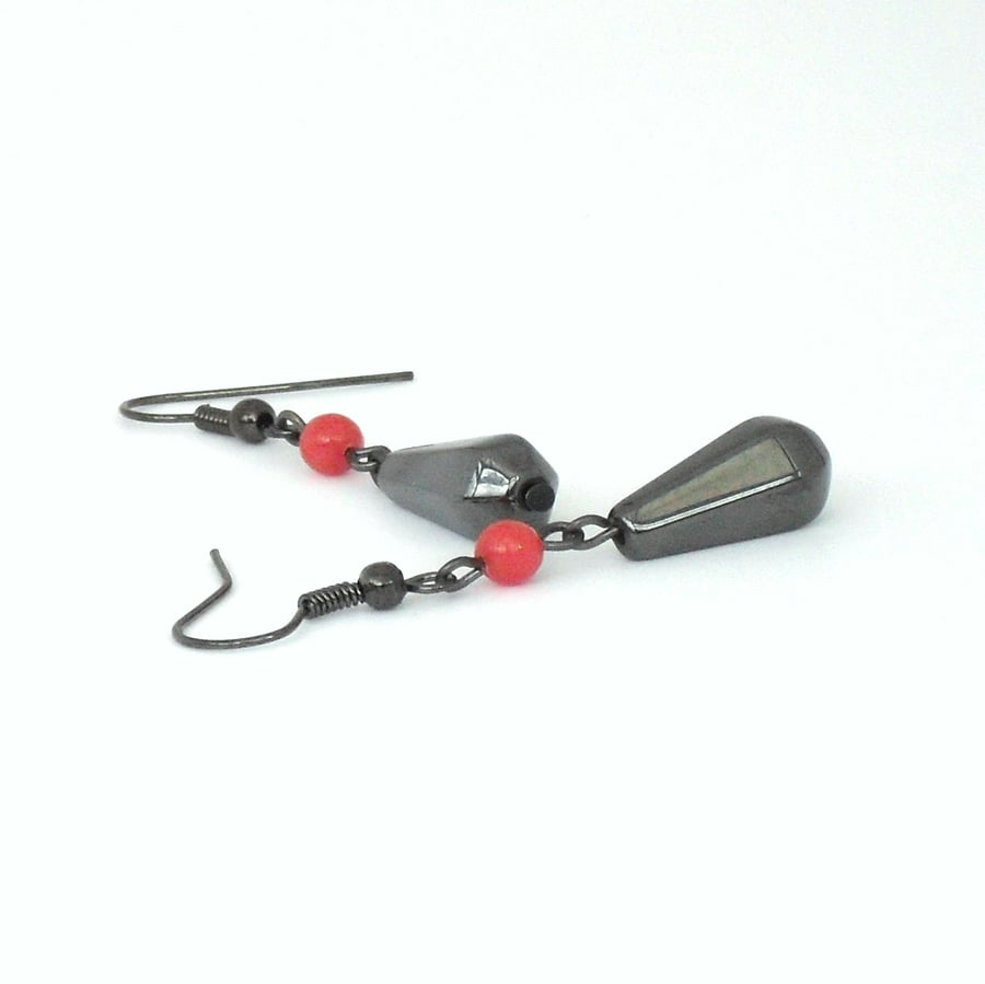 SALE: Red jade and hematite dangly earrings