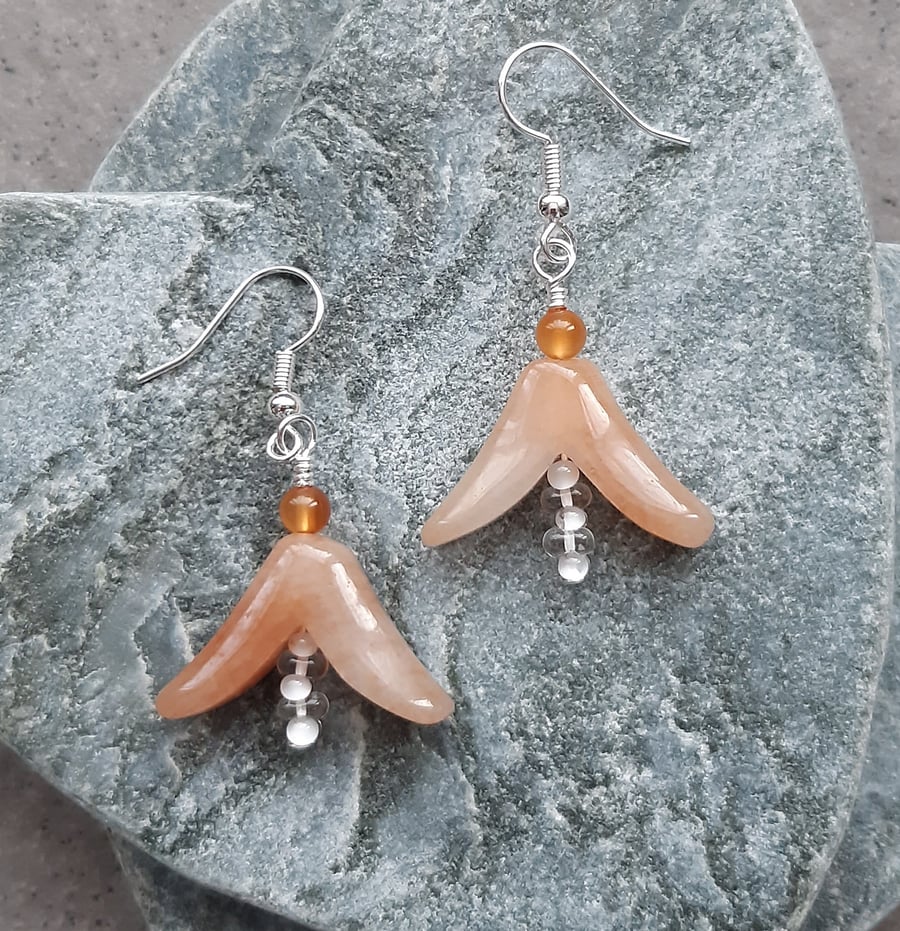 Peach Quartzite Carnelian and Glass Bead Flower Bud Silver Plated Drop Earrings 