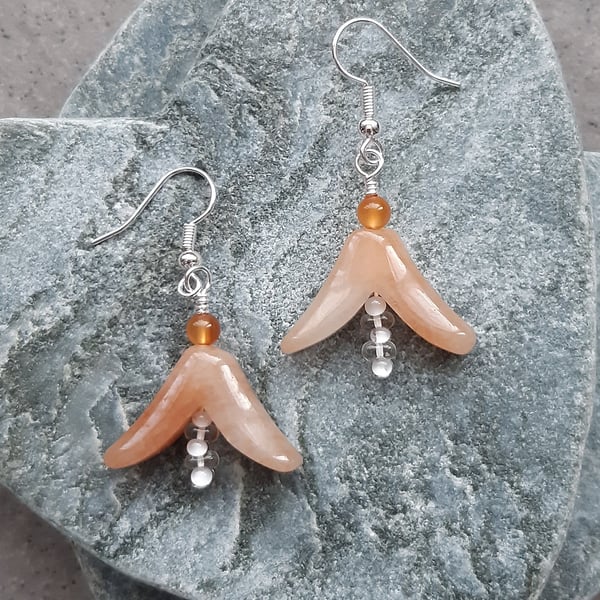 Peach Quartzite Carnelian and Glass Bead Flower Bud Silver Plated Drop Earrings 
