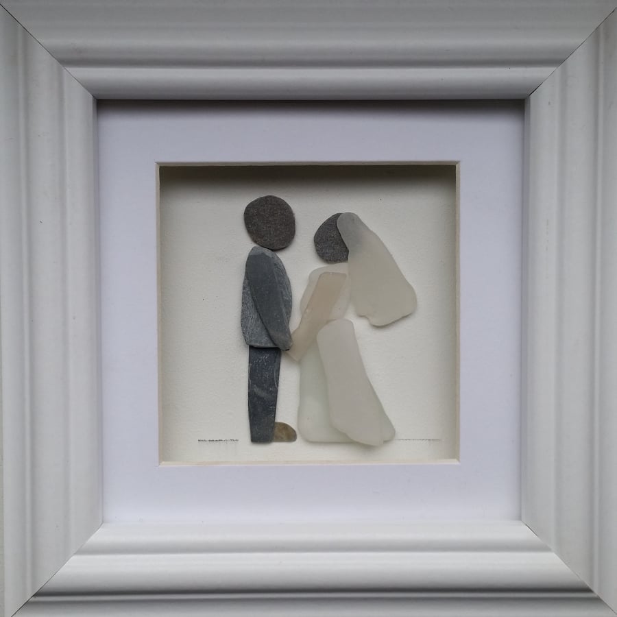 Bride and Groom Wedding Day Gift Pebble and Sea Glass Art Portrait