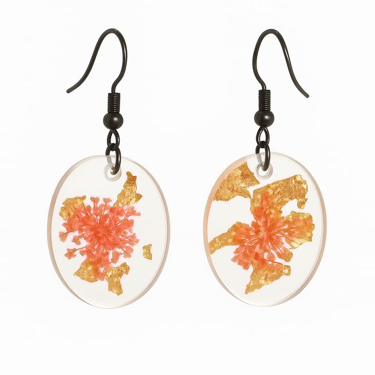 Pink Pressed Flower Oval Resin Earrings with Gold Leaf Dangles