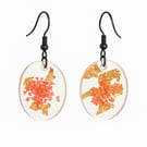 Pink Pressed Flower Oval Resin Earrings with Gold Leaf Dangles
