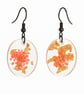 Pink Pressed Flower Oval Resin Earrings with Gold Leaf Dangles