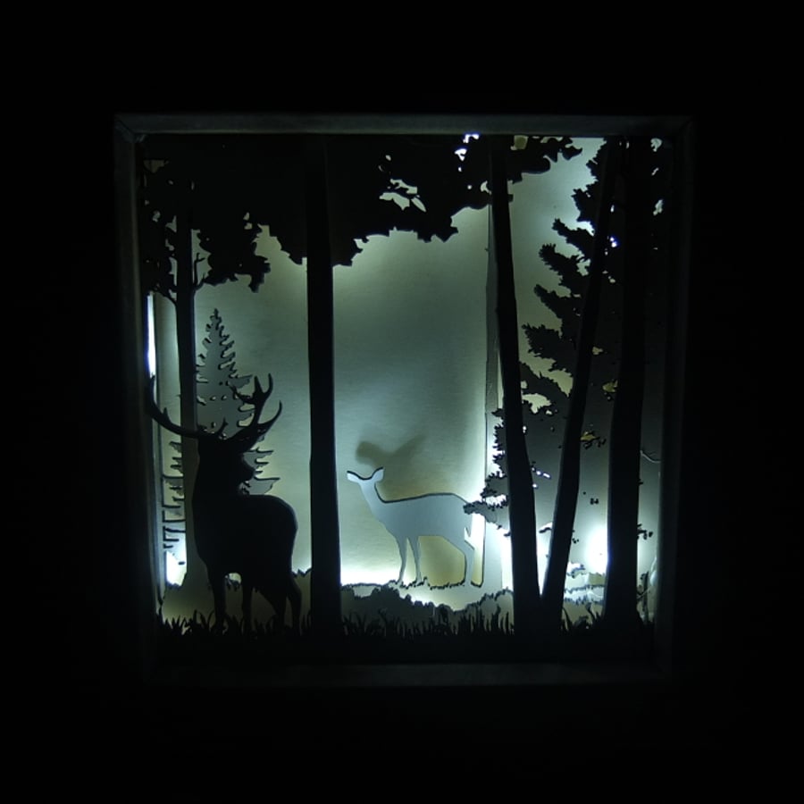 Winter Stag and Deer Scene - 3D Light Picture