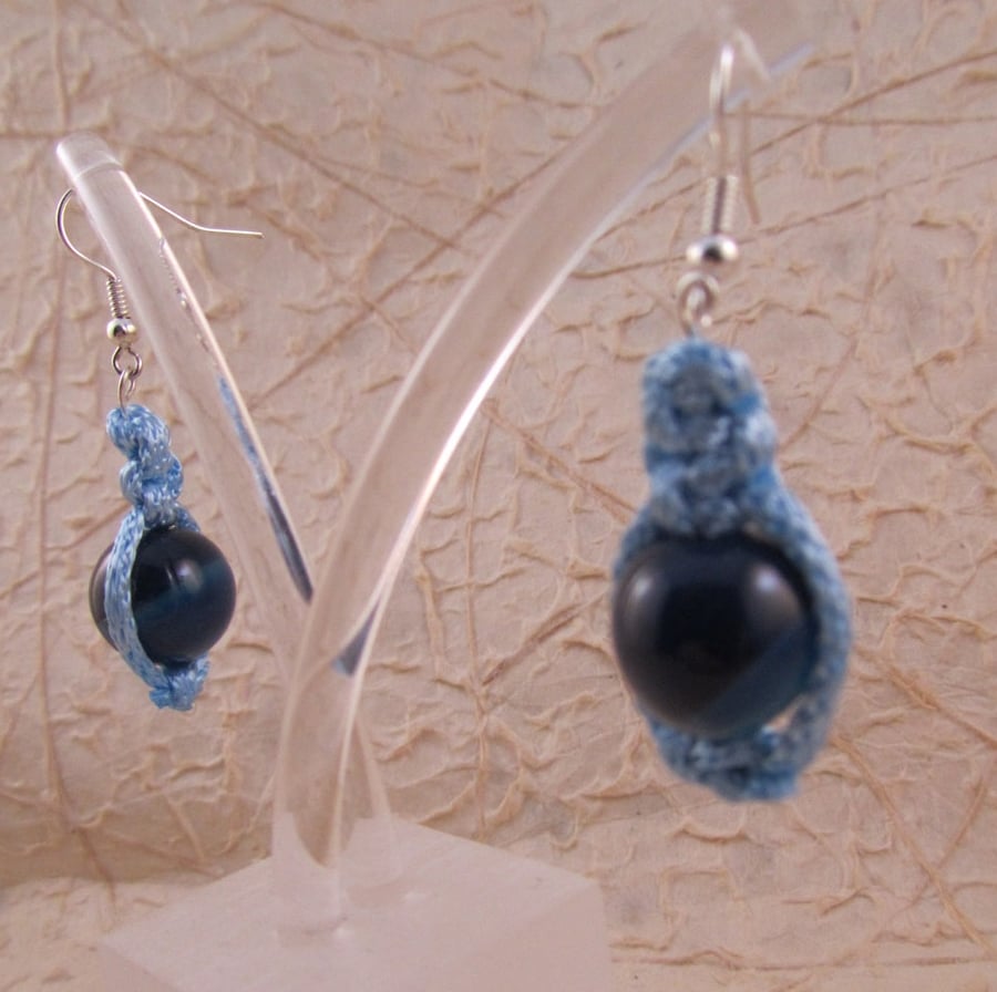 Dark Blue Agate Macrame Earrings