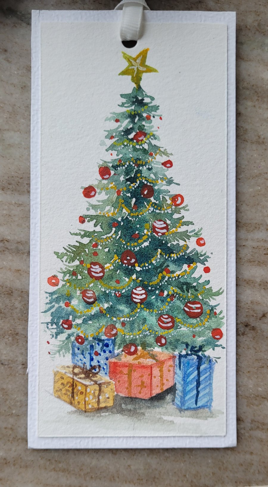 Original Hand Painted Watercolour  Bookmark, Christmas tree, presents, gift 