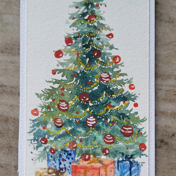 Original Hand Painted Watercolour  Bookmark, Christmas tree, presents, gift 