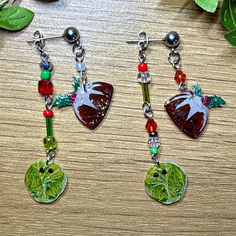 Christmas Pudding & Sprout Earrings - Festive Mismatched Bead Jewellery