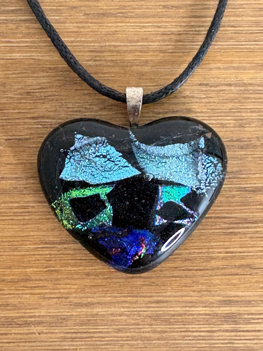 Blue Dichroic Glass Heart Pendant