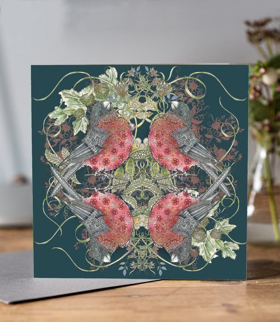 Bull finch Greeting card (dark background)