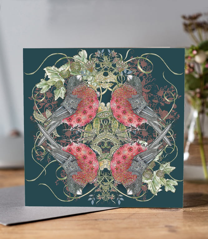 Bull finch Greeting card (dark background)