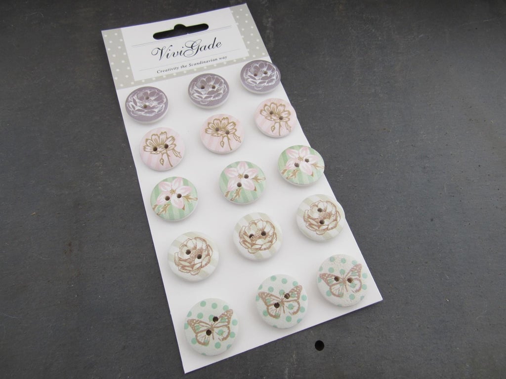 Flowers and Butterflies Wooden Craft Buttons - Vivi Gade Design Pack - 20mm