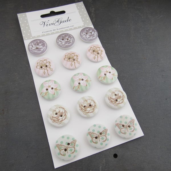 Flowers and Butterflies Wooden Craft Buttons - Vivi Gade Design Pack - 20mm