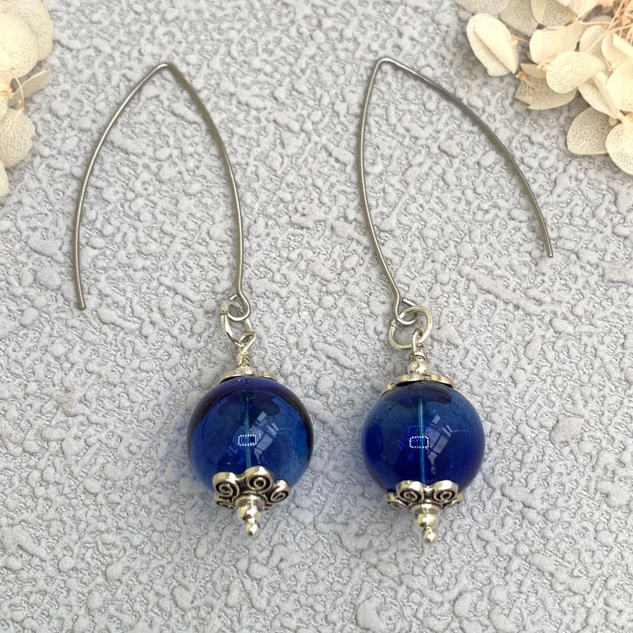 Hollow Blue Glass Globe Boho Earrings