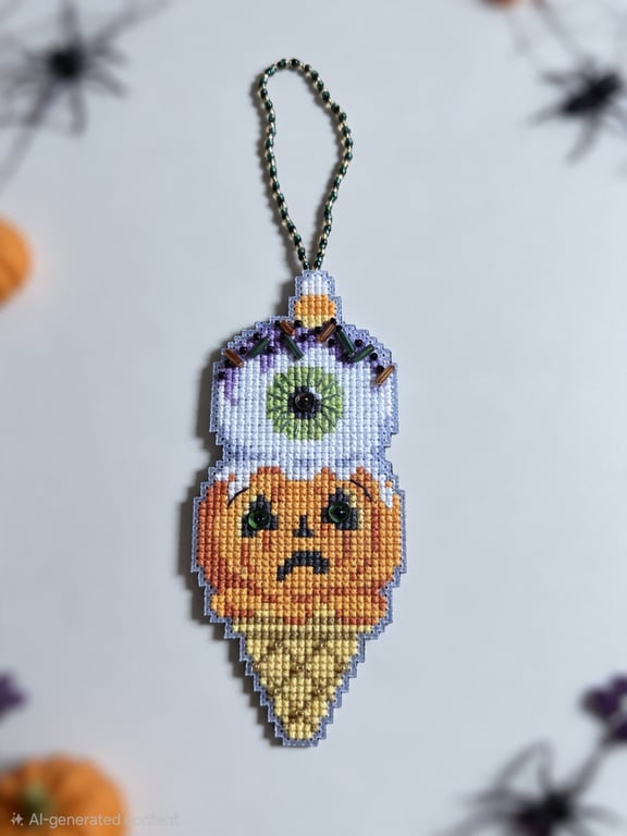 Cross Stitch Spooky Eyeball Pumpkin Ornament Halloween Hanging Decoration
